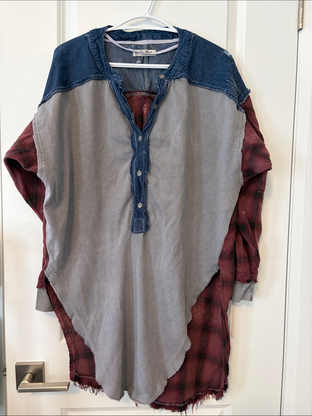 We The Free Layered Button-Down Top in Gray, Blue & Red Plaid